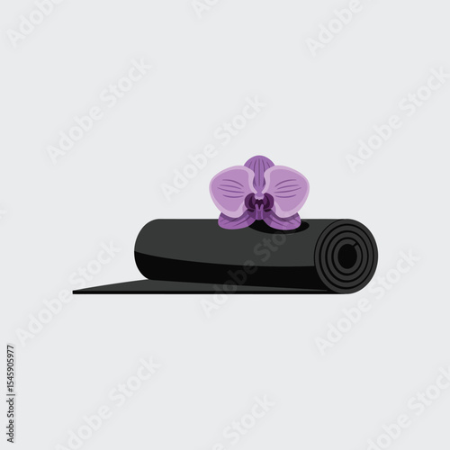 Rolled Black Yoga Mat with Purple Orchid Flower rolled yoga mat