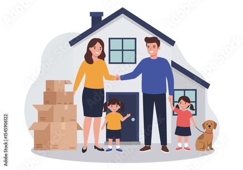 Happy Family Moving into New Home with Dog