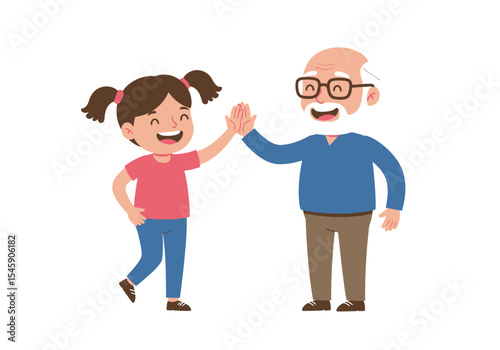 Happy girl and grandfather giving high five