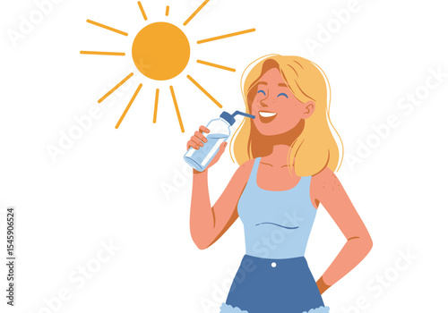 Happy Woman Drinking Water on a Sunny Day