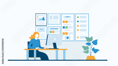 Woman Working at Computer with Mood Board and Plant in Modern Office Illustration