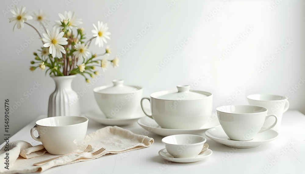Setting the Table with White Dishes and Daisy Flowers Setting the Table with White Dishes and Daisy Flowers