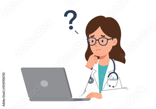 Female Doctor Thinking While Working on Laptop