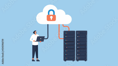 Cloud security and data protection with server infrastructure and system administrator for business and technology solutions