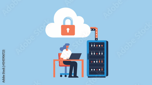 Woman working on secure cloud server data storage and network security illustration concept design