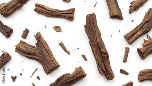 Rotten Old Pieces of Wood Scattered on White