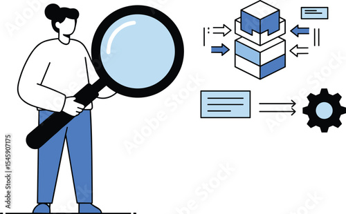 Data analysis, system process, magnifying glass, big data research, software operation, workflow concept, information management, business intelligence, digital optimization, 