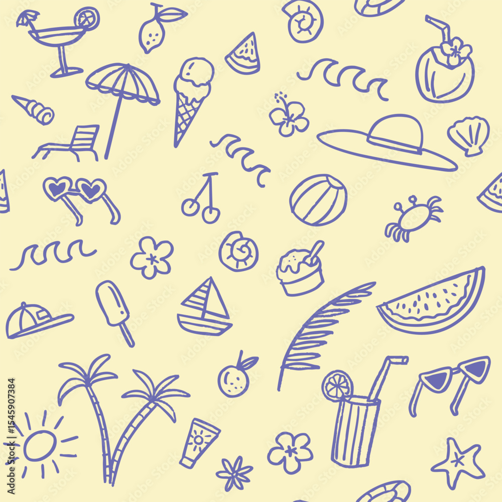 Fototapeta premium Playful whimsical Hand-Drawn summer themed holiday pattern doodles, vector illustration, lively summer vacation vibe