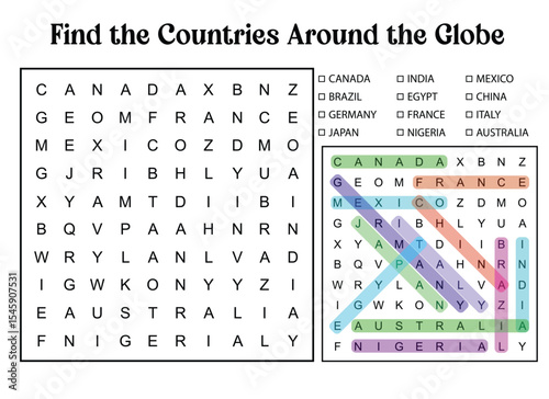Find the Countries Around the Globe Educational Word Search Puzzle Game for Kids with Geography and Flags