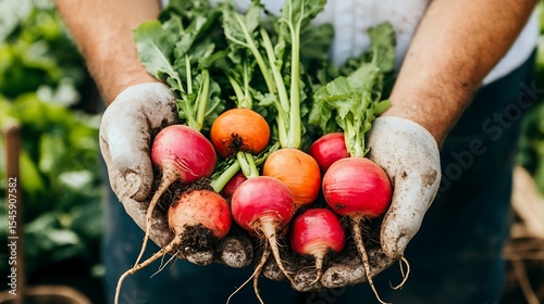 Farmer holding freshly picked radishes from garden