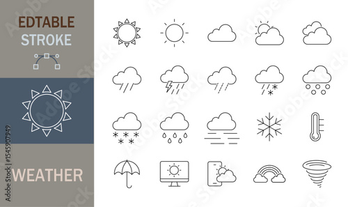 Weather icon set. Weather forecast icon set. cloud, rain, snow, fog, sun, umbrella, rainbow, wind, Temperature, tornado, Editable line icons. Vector illustration.