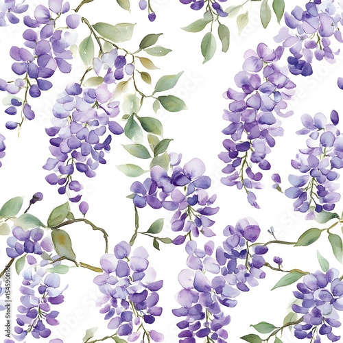 Fototapeta Naklejka Na Ścianę i Meble -  Delicate wisteria blossoms repeat pattern.