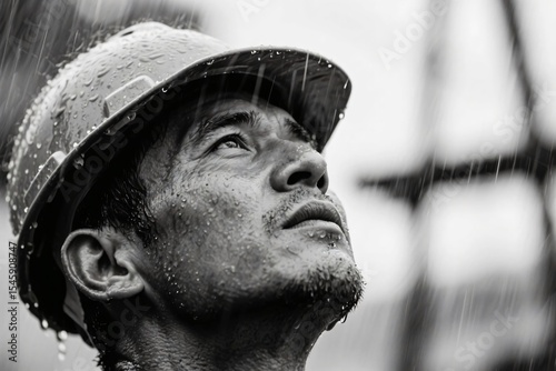 Black & White Construction Worker Laboring in Rain