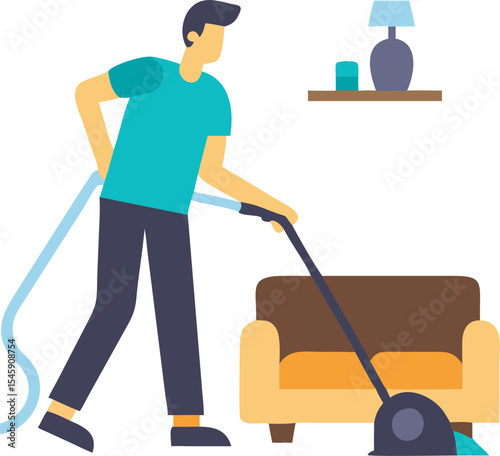 Man Vacuuming the Living Room Illustration Representing Home Cleaning, Chores, and Domestic Responsibility
