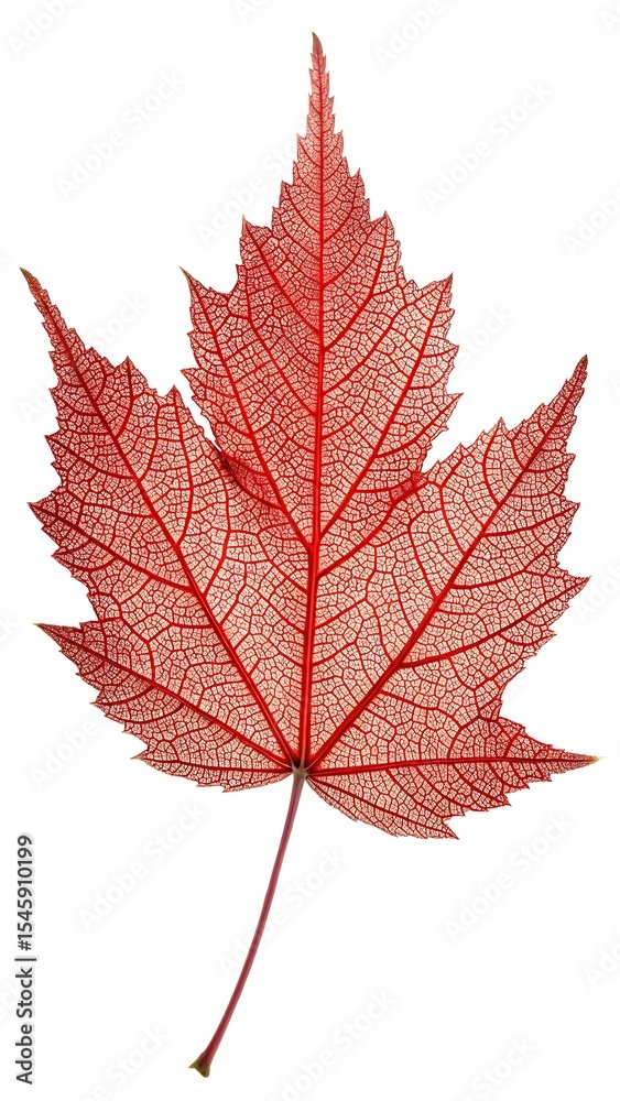 Fototapeta premium Single red maple leaf skeleton isolated on white background