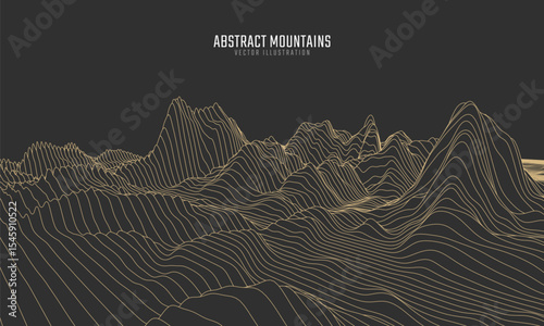 Contour mountain landscape. Waved line art. Abstract minimal topographic map. Contour lines with elevations and terrain depth. Vector illustration.