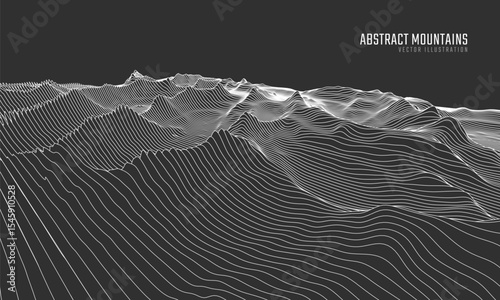 Contour mountain landscape. Waved line art. Abstract minimal topographic map. Contour lines with elevations and terrain depth. Vector illustration.