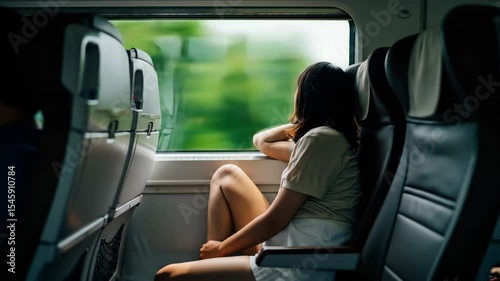 Woman looking out window on moving train, watching cityscape pass by footage. Representing travel, commuting, contemplation, and the journey itself. Scene of thoughtful passenger. 