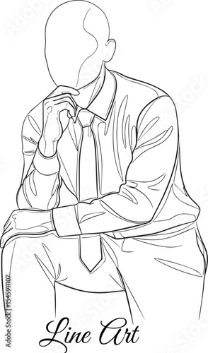 Thoughtful Businessman Pondering Line Art
