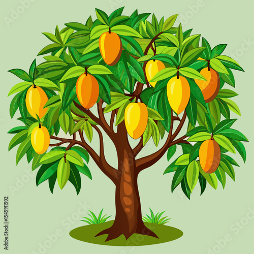 Mango Tree Illustration Representing Tropical Growth, Natural Abundance, and Organic Agriculture