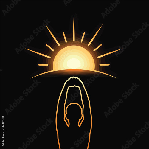 Silhouette Person Arms Raised Sunrise Orange Yellow Glow