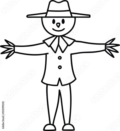 Cute Scarecrow Line Art Vector – Hand Drawn Autumn Farm Character Illustration