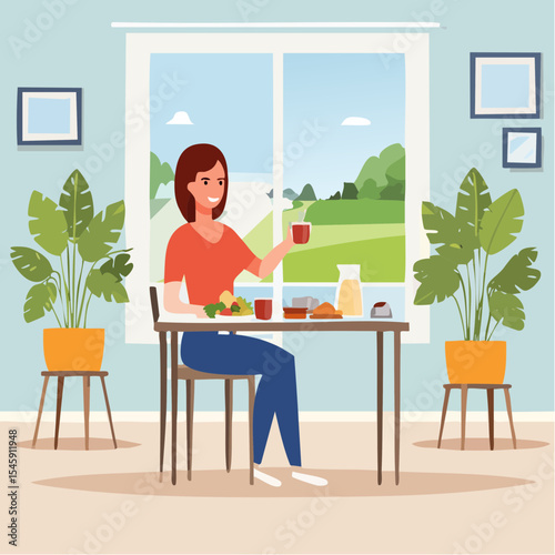 Woman having breakfast in the morning at home, vector illustration