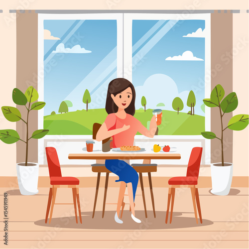 Woman having breakfast in the morning at home, vector illustration