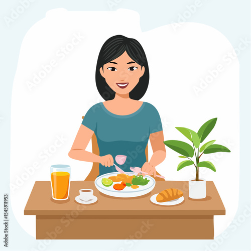 Woman having breakfast in the morning at home, vector illustration