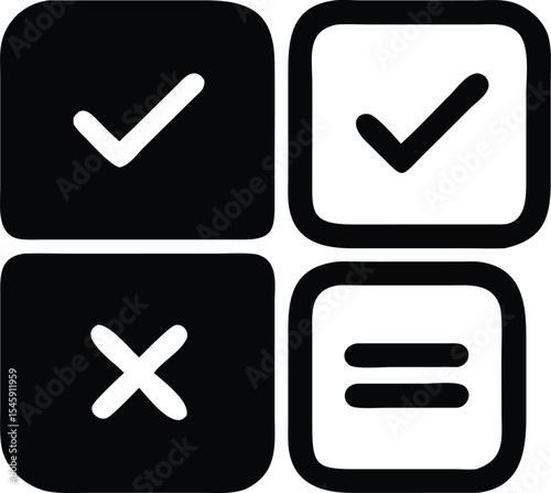 Simple and modern icon set illustrating check mark, cross, and equals symbol options