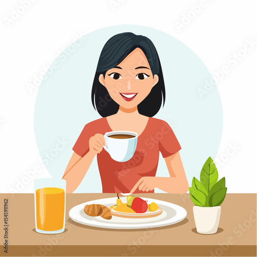 Woman having breakfast in the morning at home, vector illustration