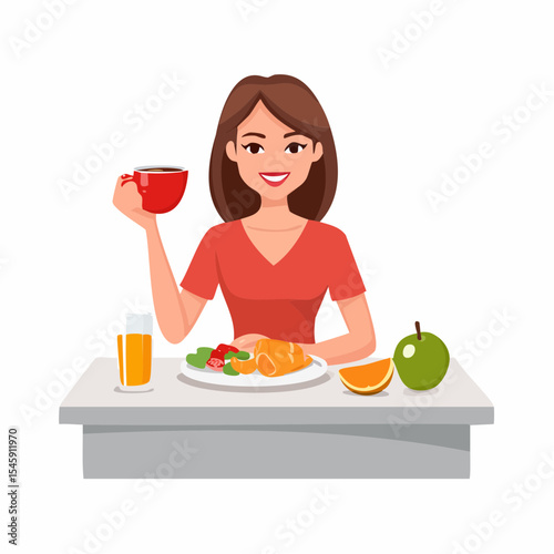 Woman having breakfast in the morning at home, vector illustration