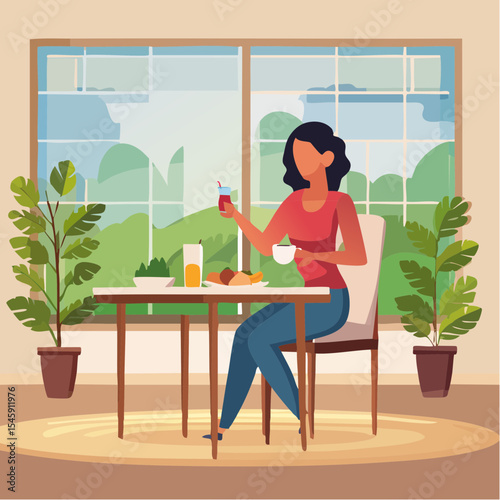 Woman having breakfast in the morning at home, vector illustration