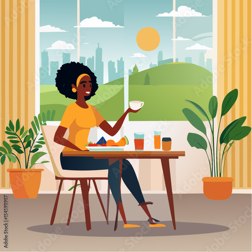 Woman having breakfast in the morning at home, vector illustration