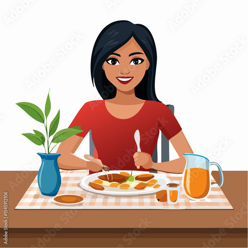 Woman having breakfast in the morning at home, vector illustration