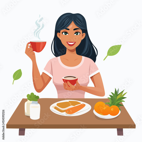 Woman having breakfast in the morning at home, vector illustration
