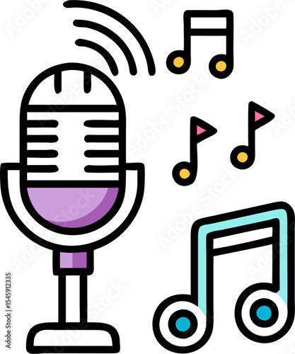 Microphone and Music Note Icon Illustration Representing Singing, Audio Recording, and Musical Expression