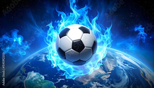Soccer ball wrapped in blue flames.