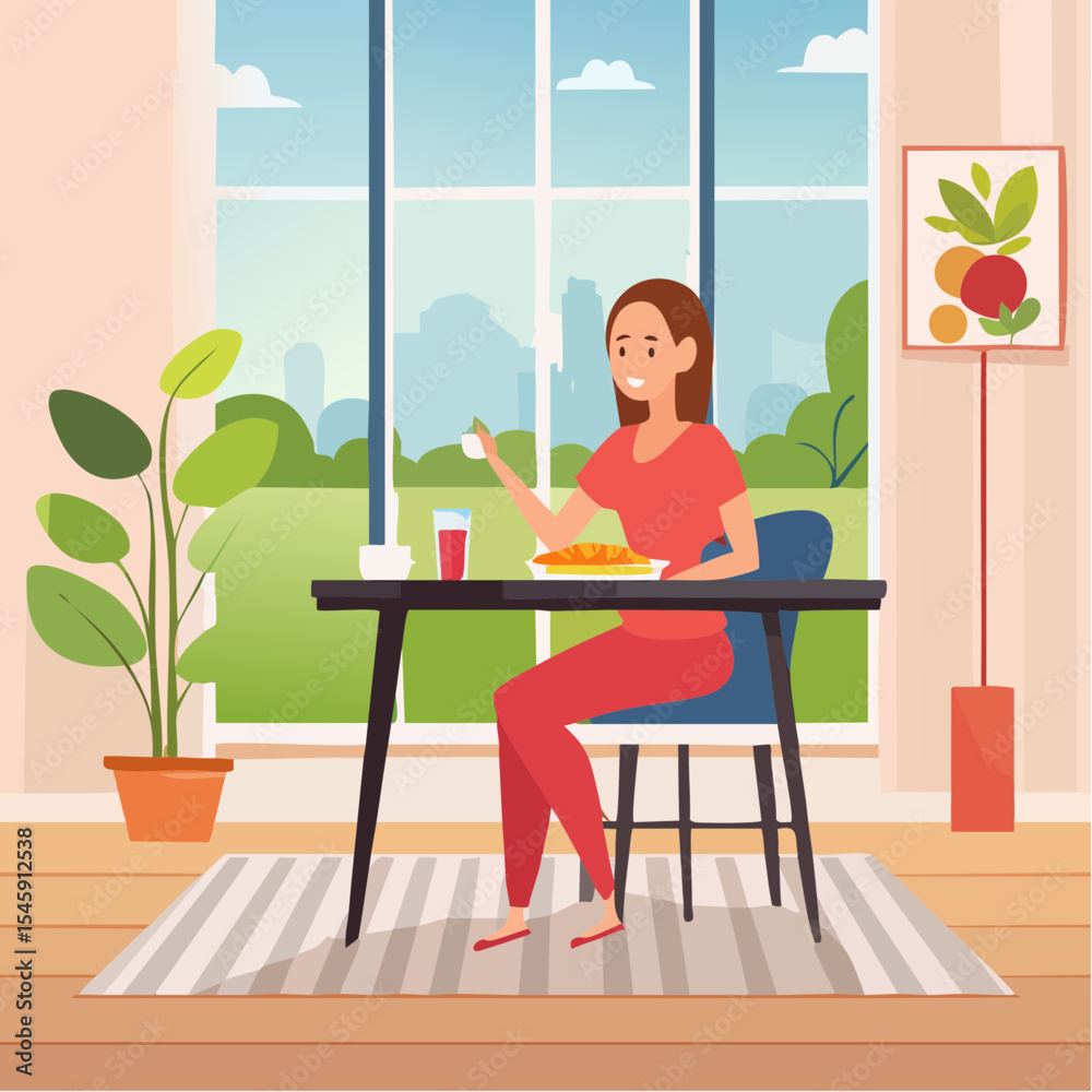 Fototapeta premium Woman having breakfast in the morning at home, vector illustration