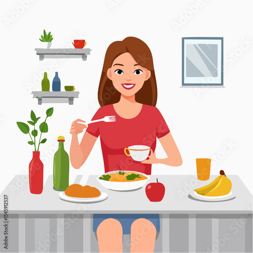 Woman having breakfast in the morning at home, vector illustration