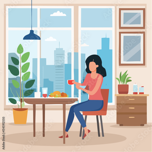 Woman having breakfast in the morning at home, vector illustration