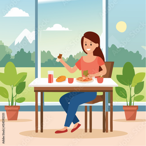 Woman having breakfast in the morning at home, vector illustration