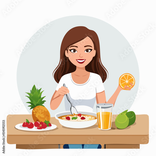 Woman having breakfast in the morning at home, vector illustration