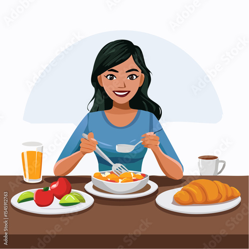 Woman having breakfast in the morning at home, vector illustration