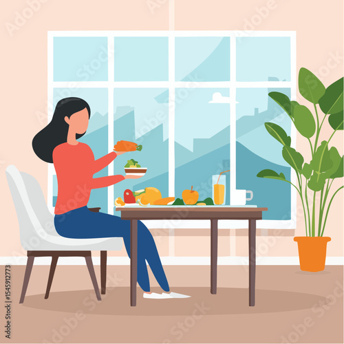 Woman having breakfast in the morning at home, vector illustration