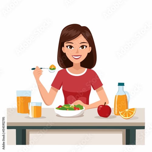 Woman having breakfast in the morning at home, vector illustration