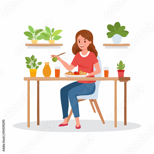 Woman having breakfast in the morning at home, vector illustration