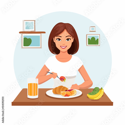 Woman having breakfast in the morning at home, vector illustration
