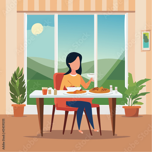 Woman having breakfast in the morning at home, vector illustration