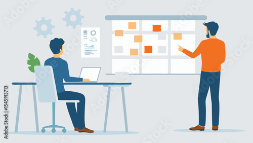 Business meeting with agile board and sticky notes team working on project management and planning